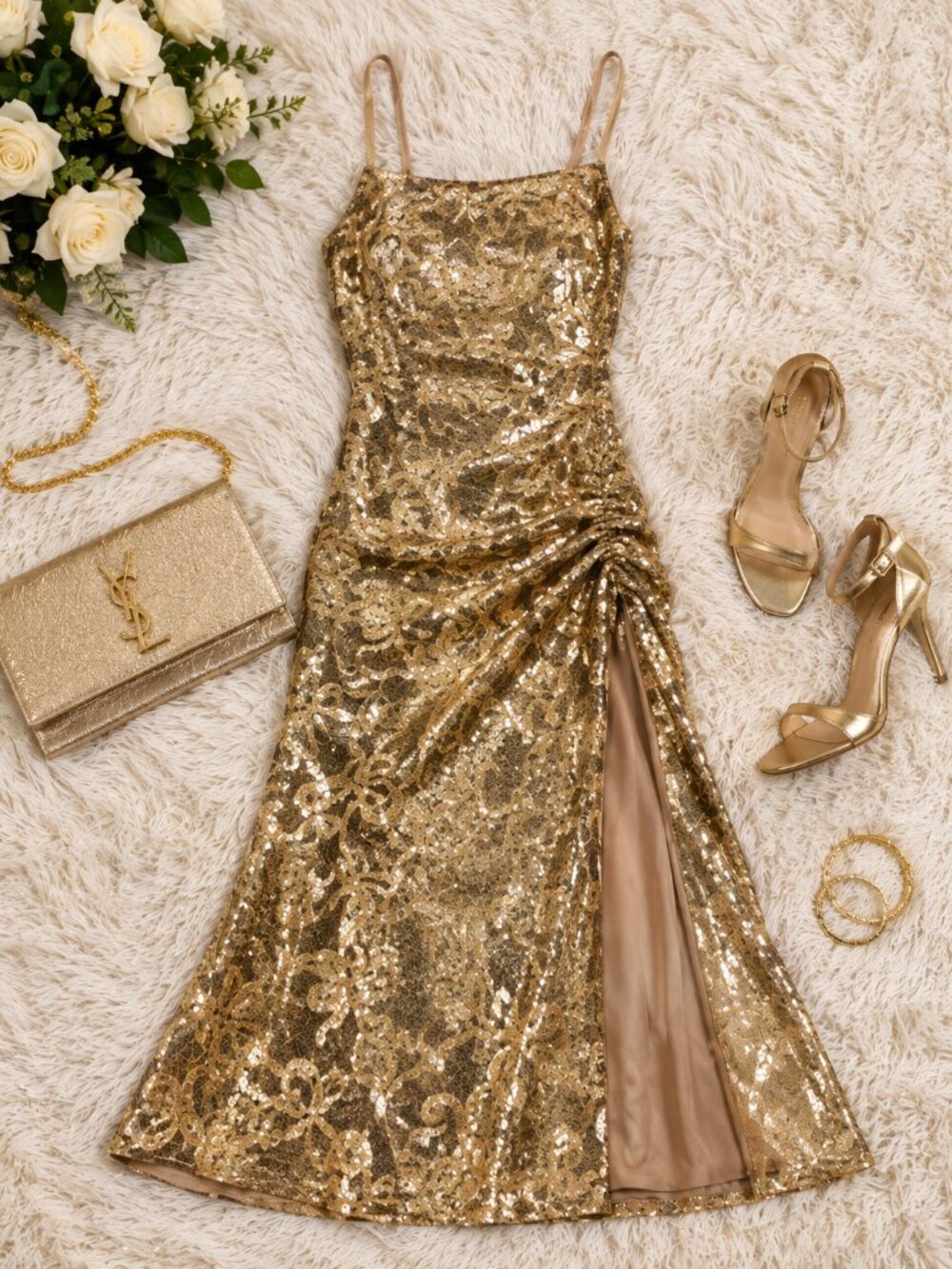 Seni & Cade Gold Sequin Bow Maxi Dress XL NWT